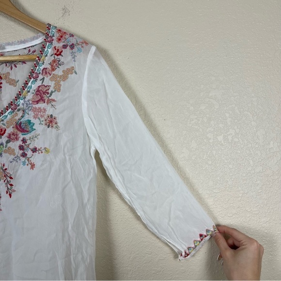 Johnny Was Floral Embroidered Tunic Blouse White Boho Peasant Cottagecore Sheer - Picture 4 of 12
